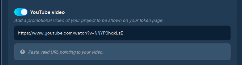 Section with a link to a promotional video in the token page creation form.