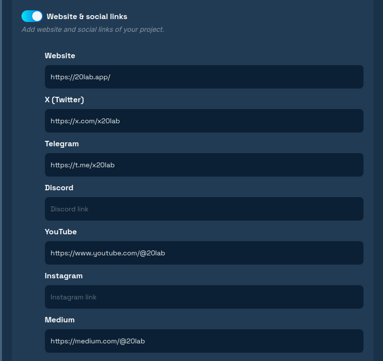 Section with links to the website and social media in the token page creation form.
