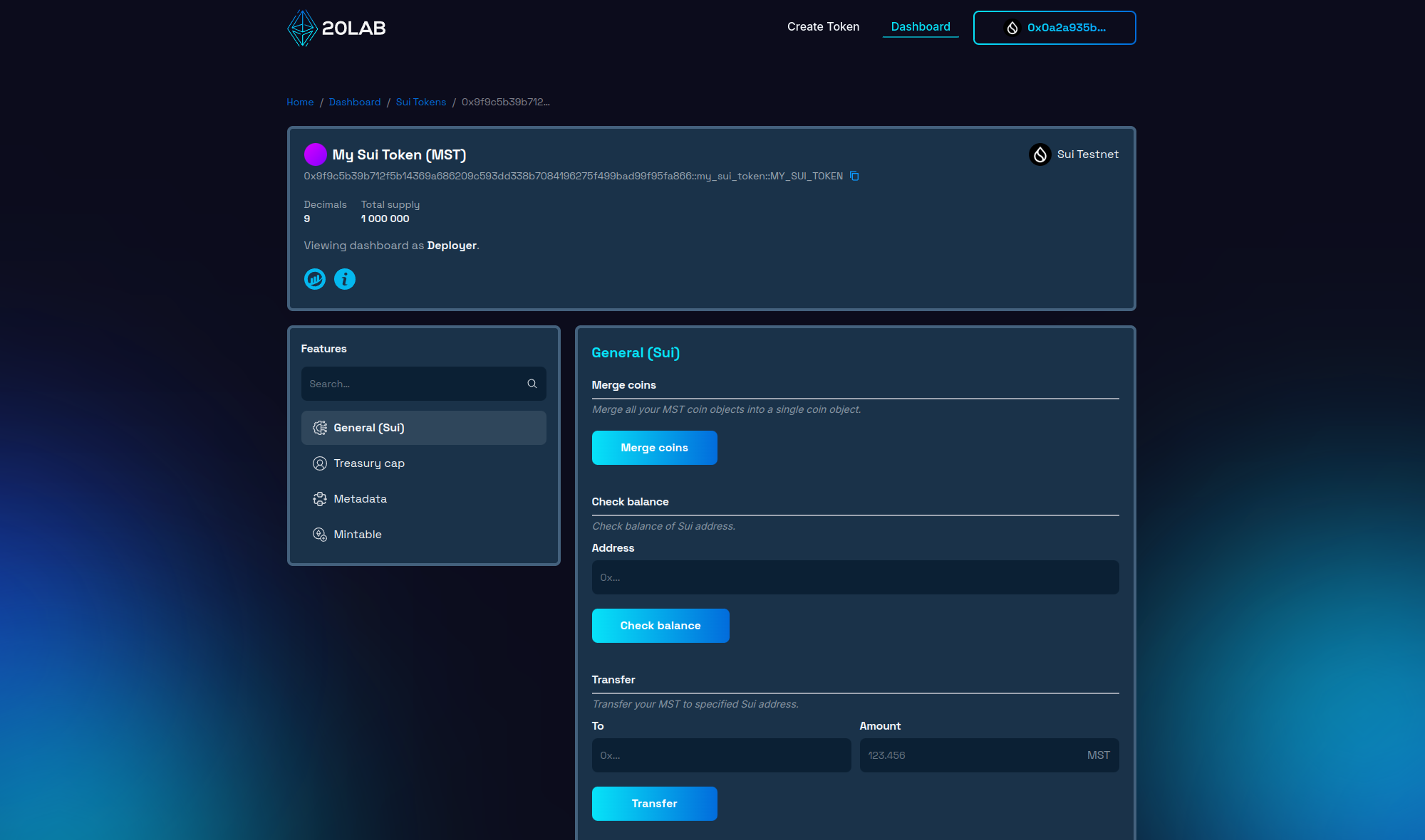 Dashboard panel for created Sui token