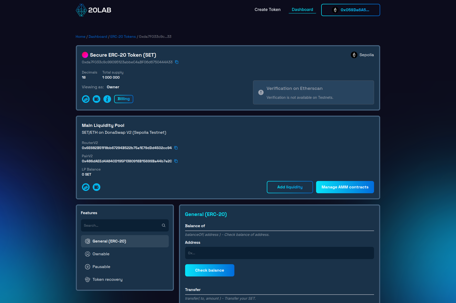 Dashboard panel for created ERC-20 token
