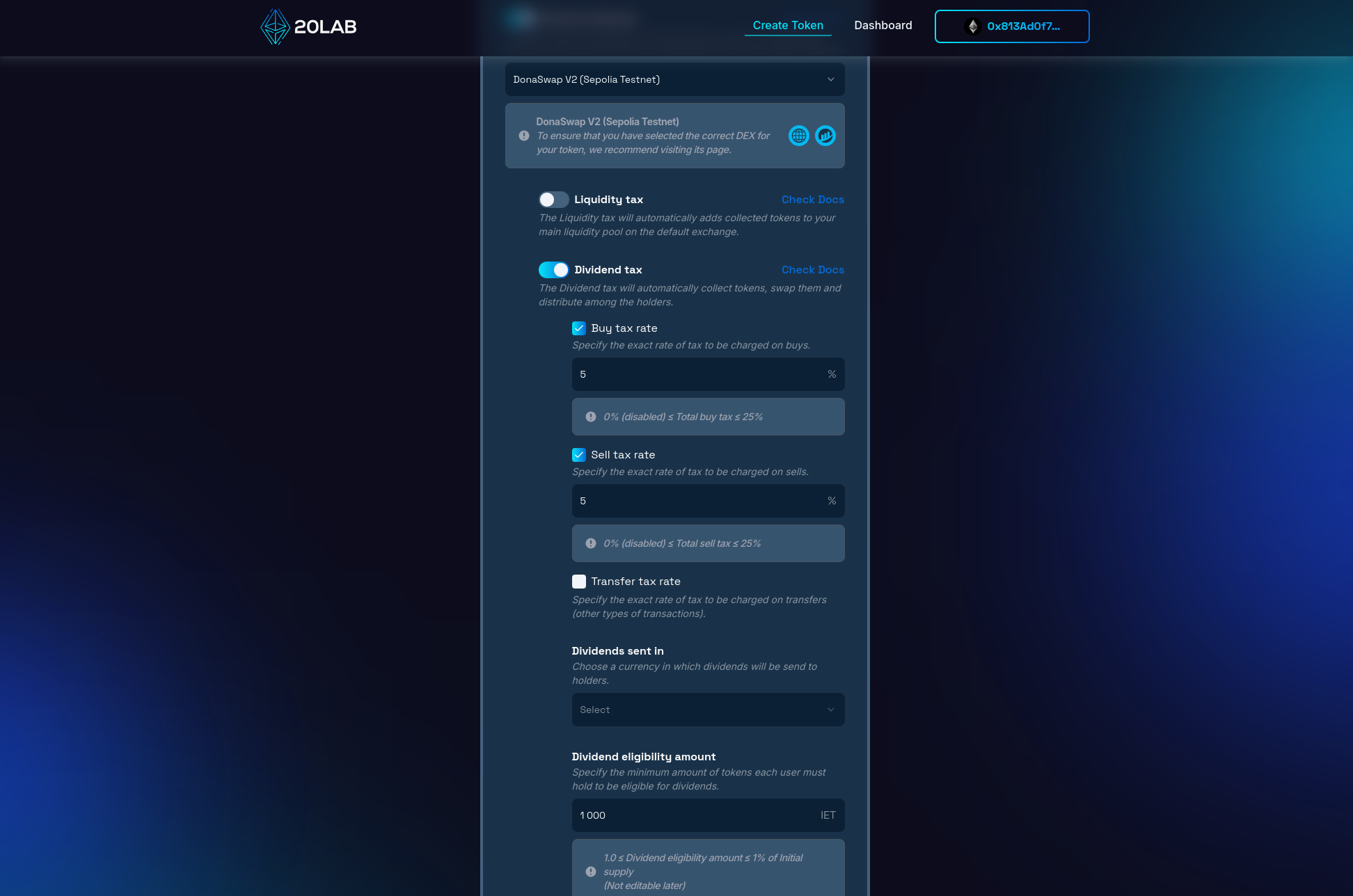 Basic settings of dividend tax for ERC-20 token