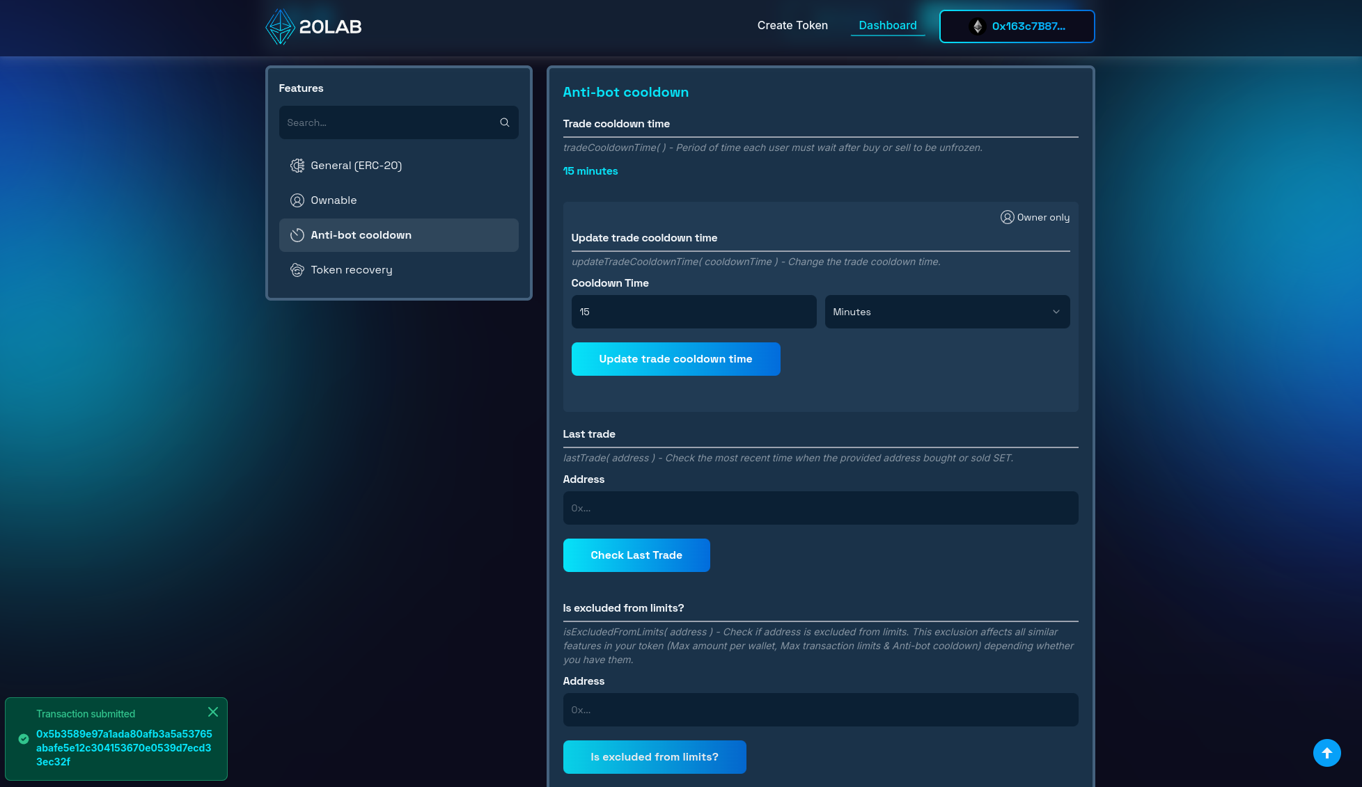 Update transaction confirmation with trade cooldown time changed