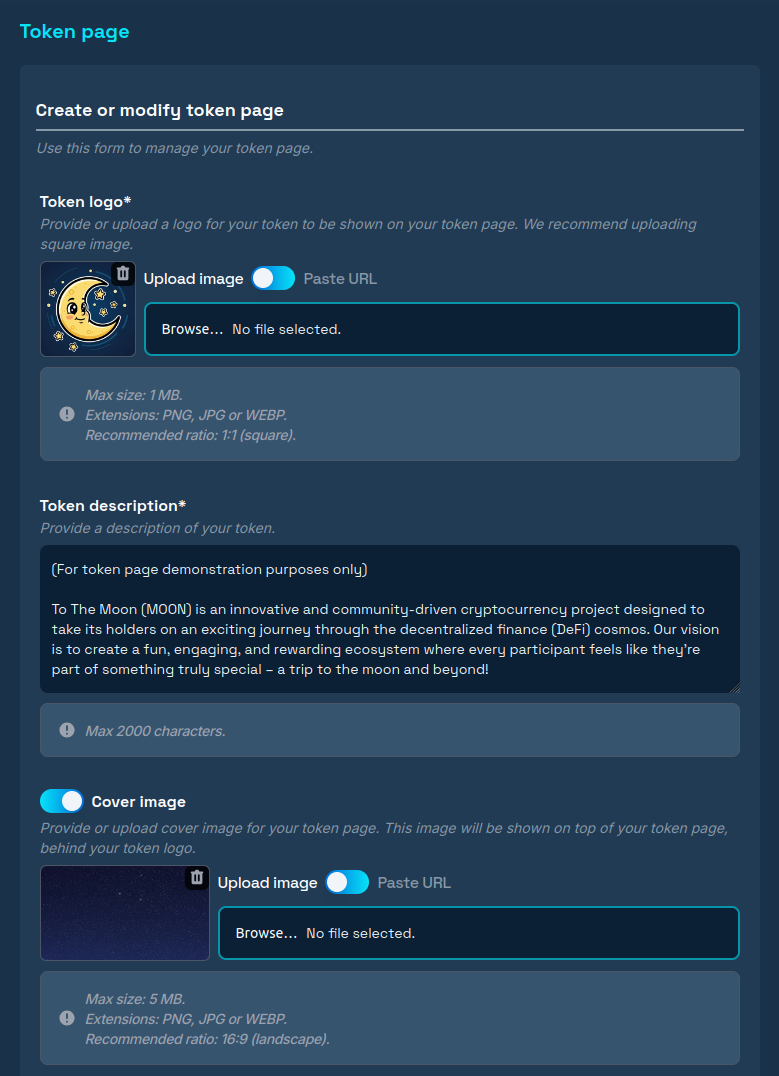 Section with basic information in the form for creating a token page.