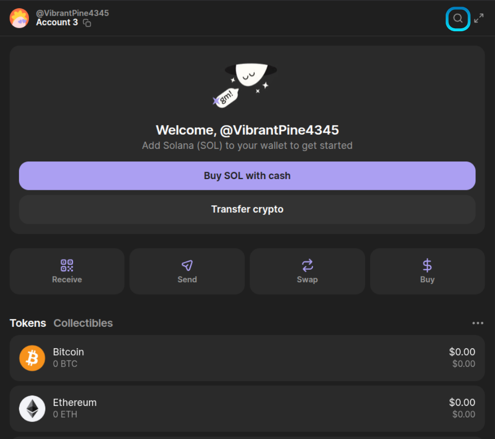 Phantom wallet with the search icon highlighted.