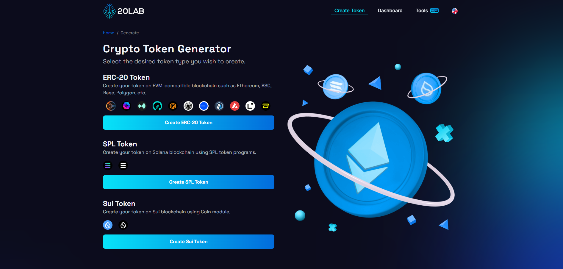 Token generator interface with options for creating ERC-20, SPL, and Sui tokens, as well as blockchain network icons.