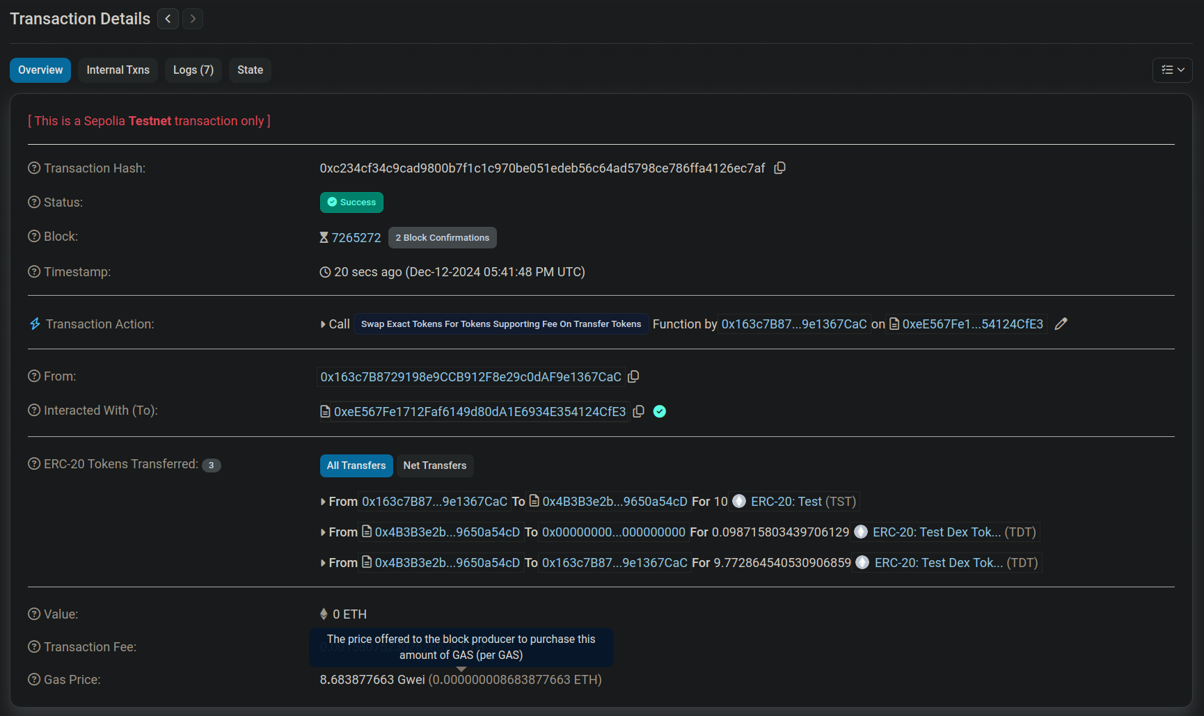 Buy transaction result on block explorer