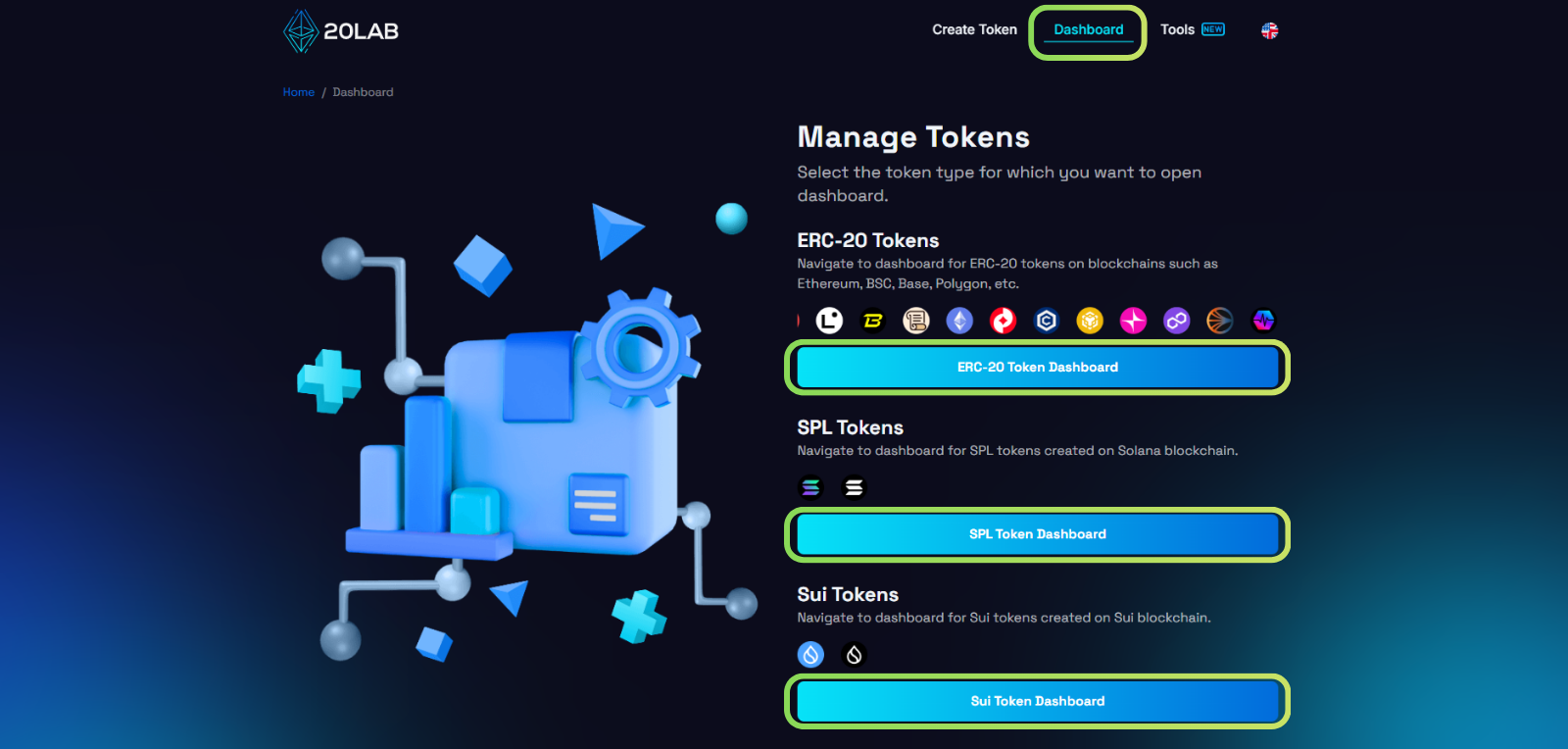 20lab Dashboard with token type selection options highlighted.