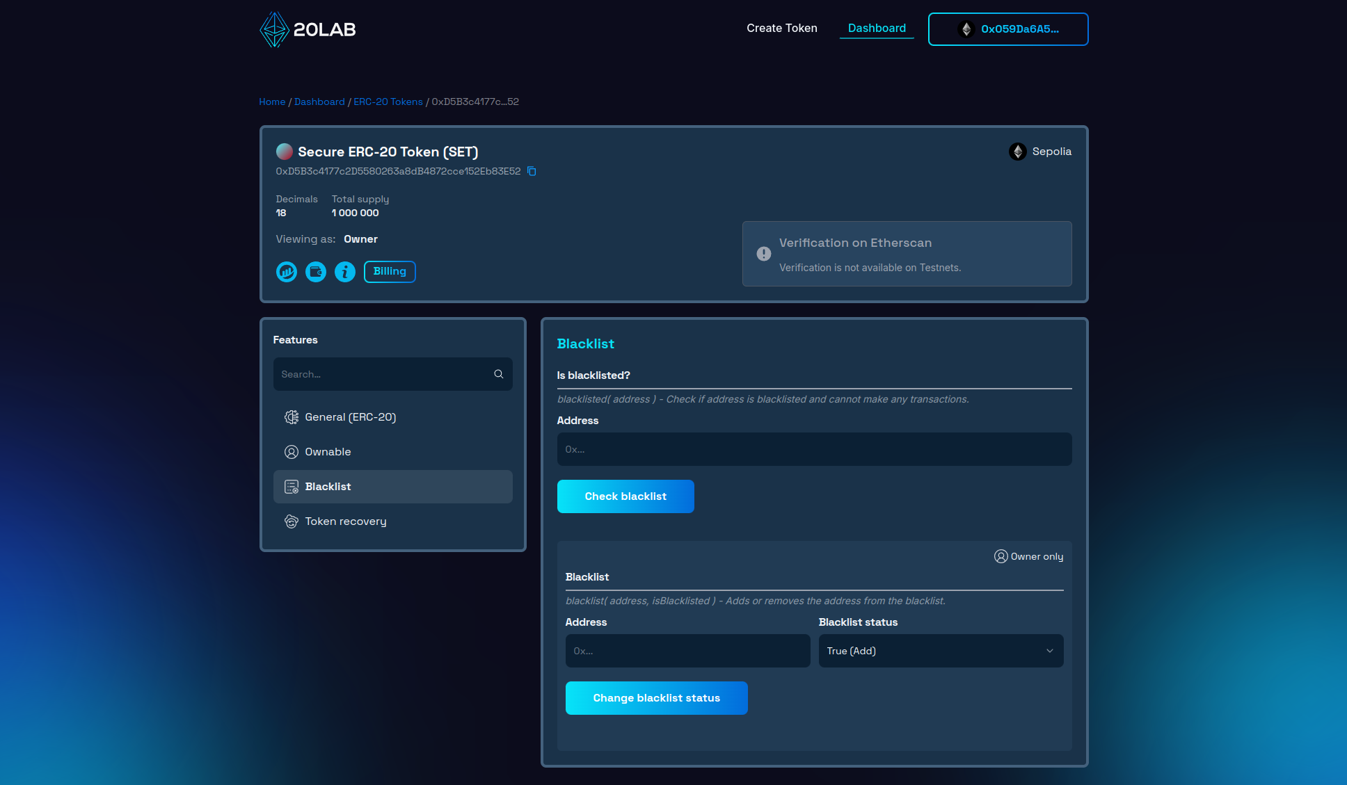 Blacklist section of dashboard