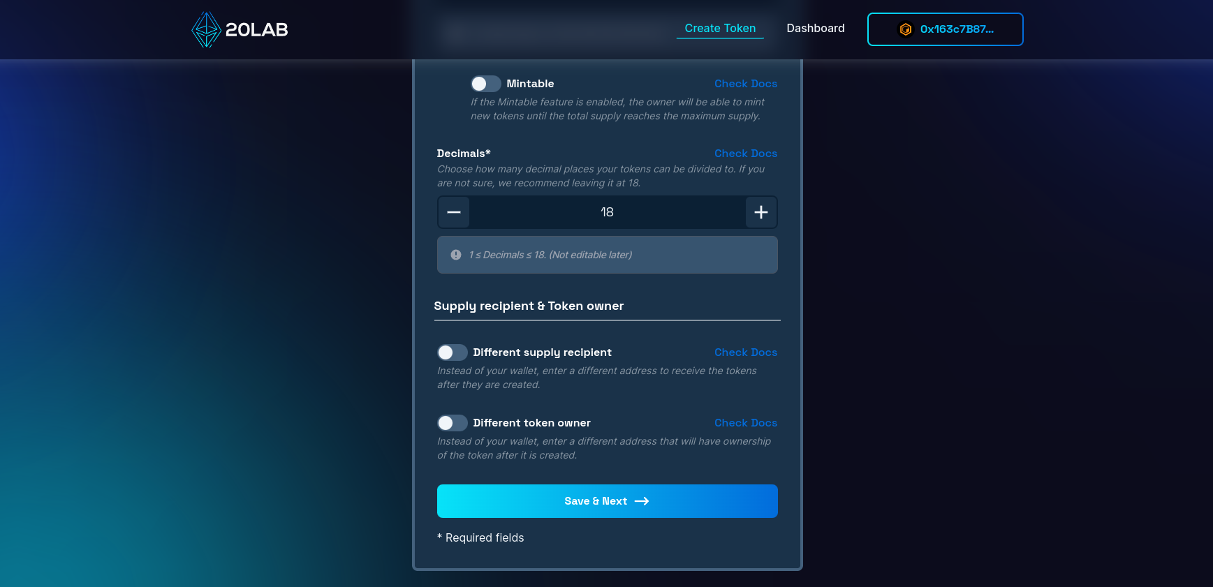 View on different supply recipient and different token owner options