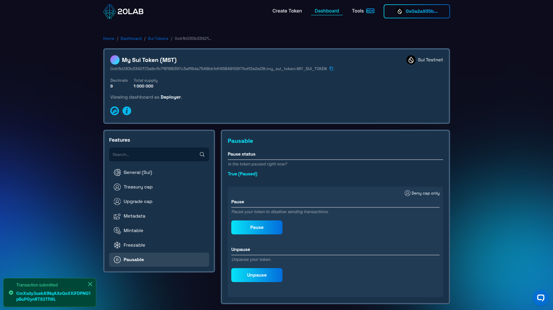 Pausable transaction confirmation and pause status changed