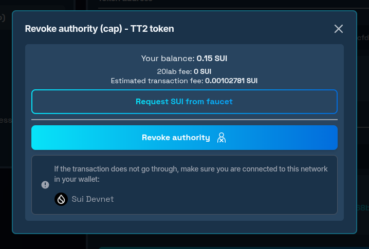Revoke authority confirmation modal window