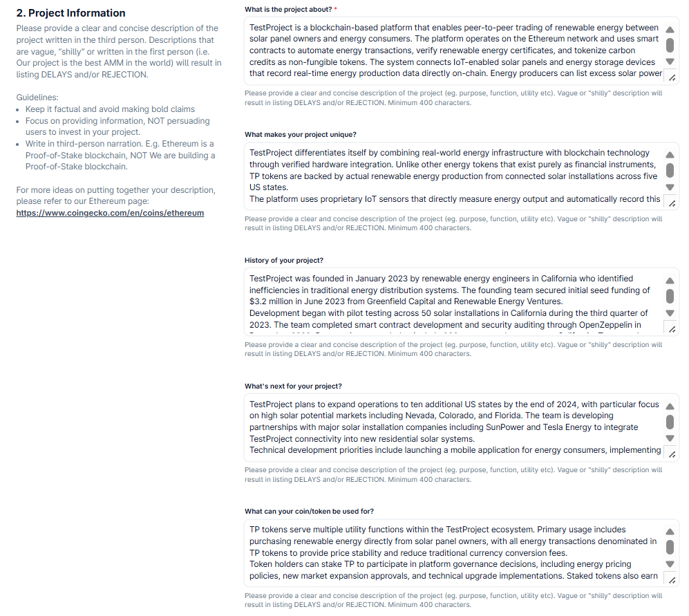 Fragment of CoinGecko application form with sections for project information including text areas for project description, uniqueness explanation, project history, future plans, and token utility details.