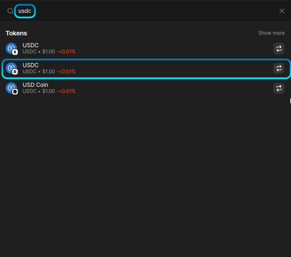 Search results in the Phantom wallet for the query “usdc” with the USDC token selected.