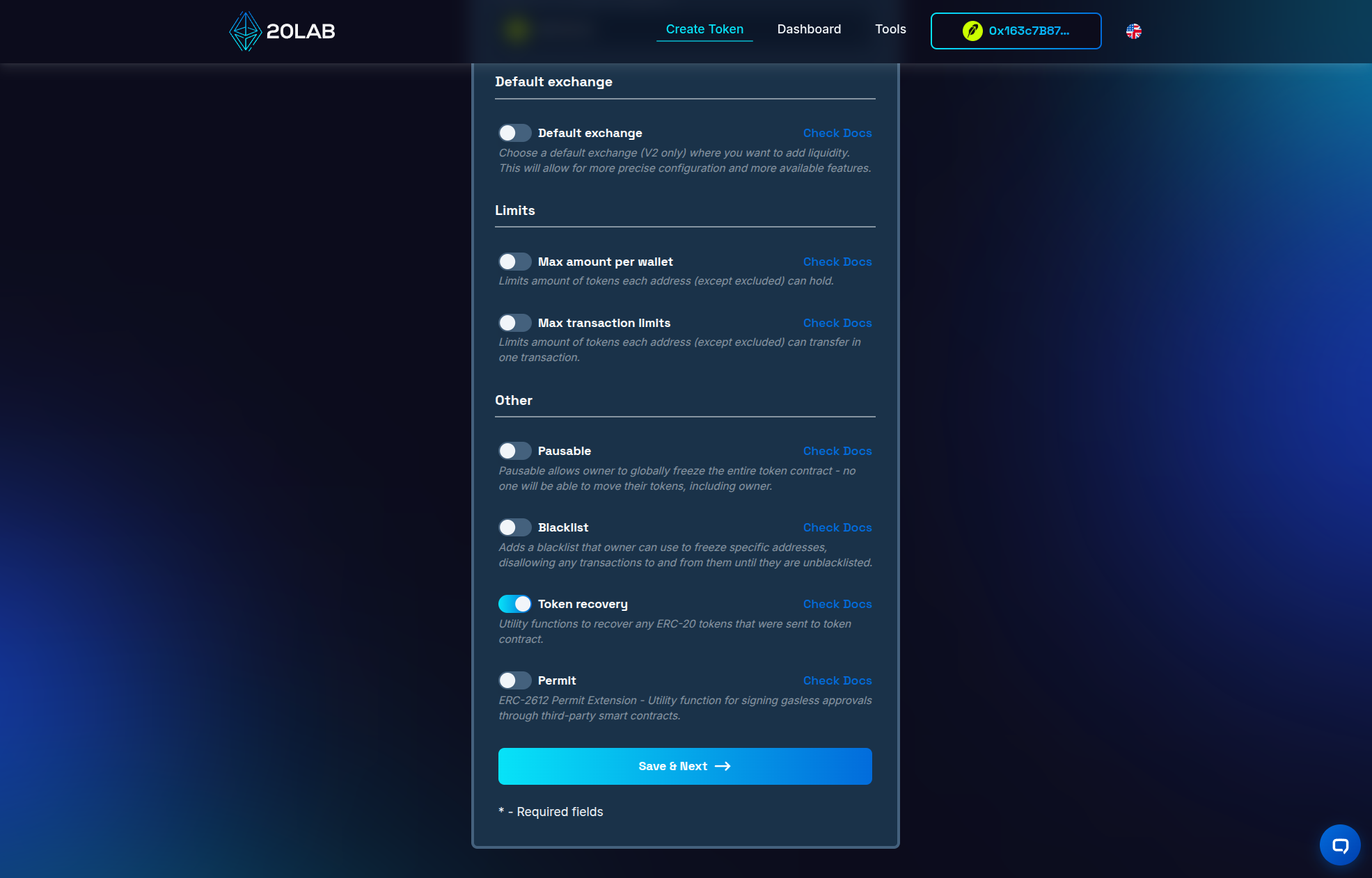 Token recovery enabled on optional features list