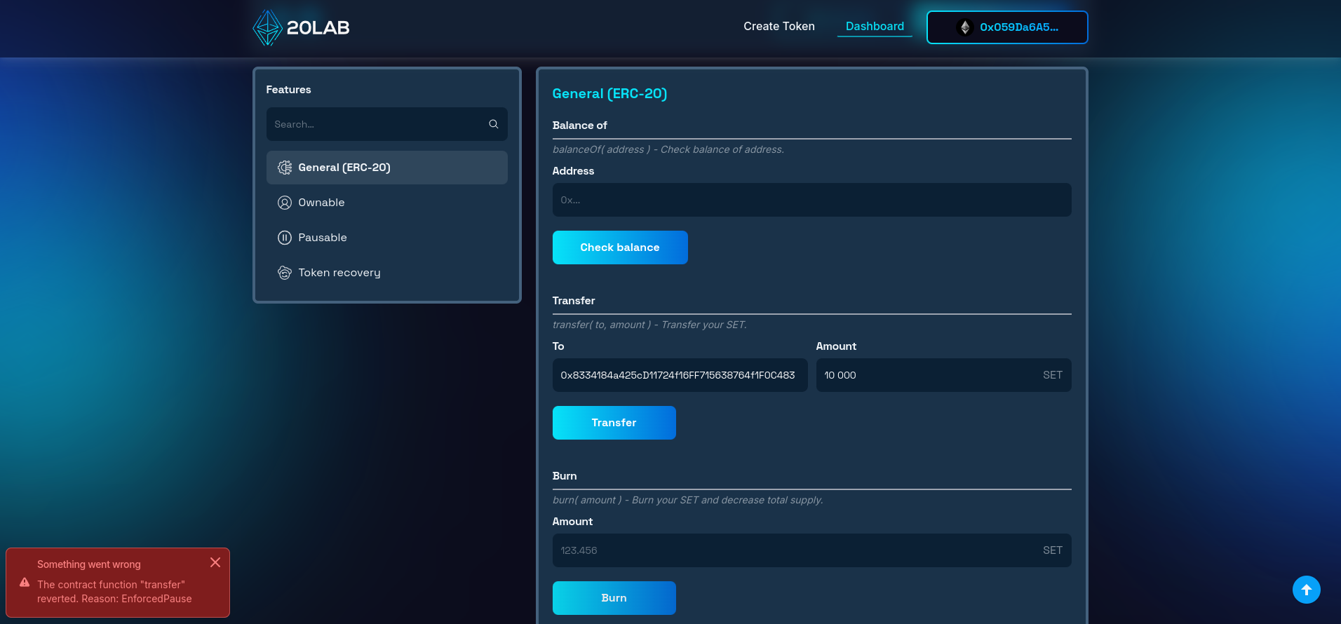 Error alert when trying to transfer amount in paused state