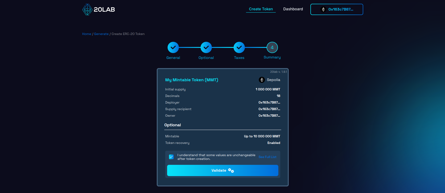 View on Summary page before validation