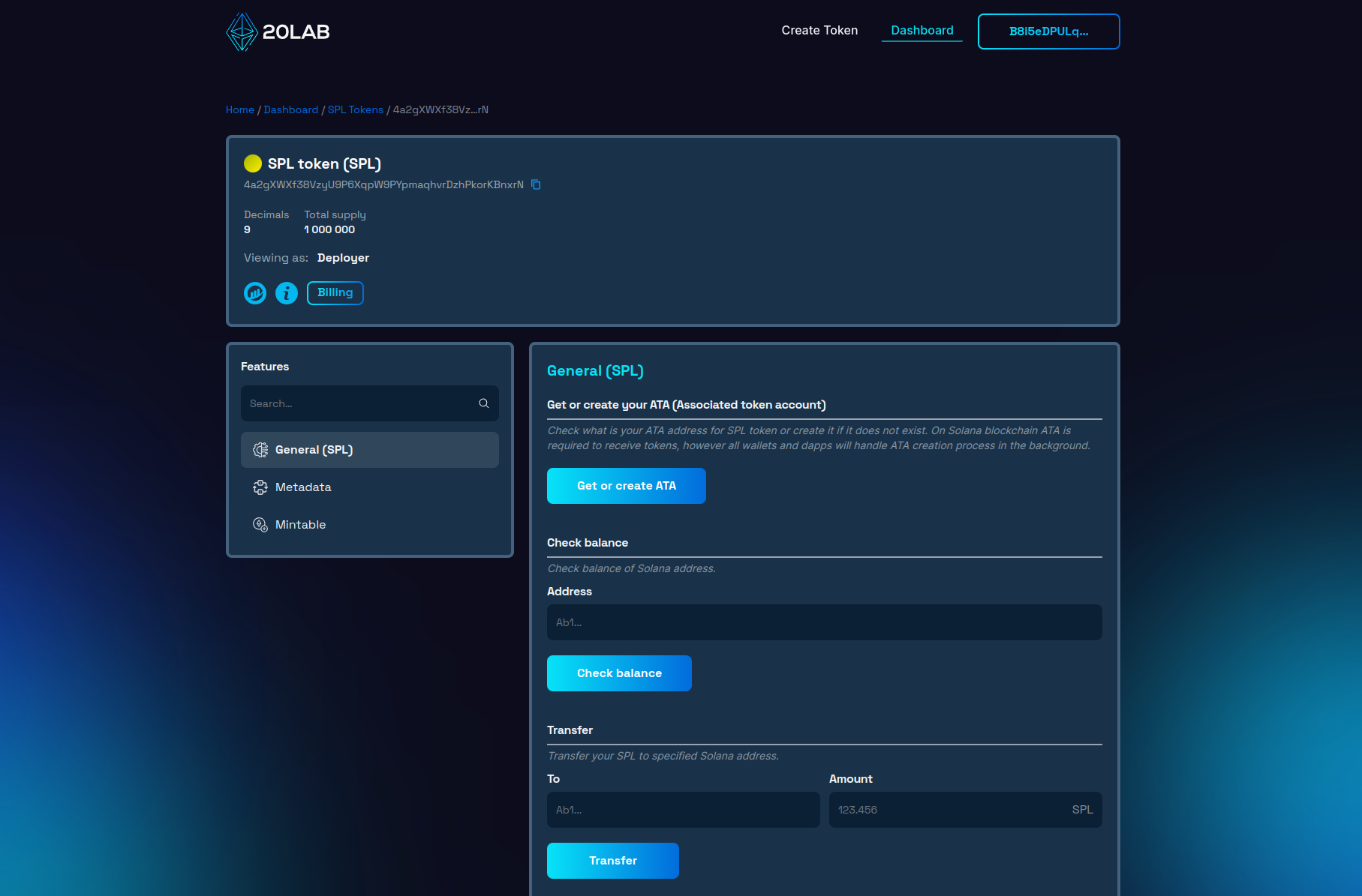 Dashboard view of recently deployed Solana token