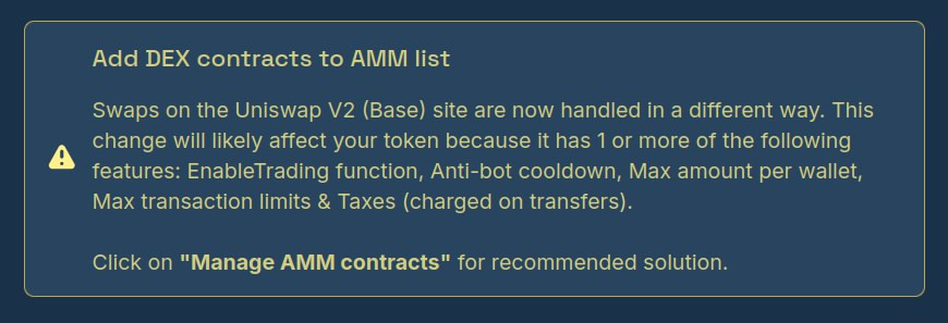 Dashboard notice about adding DEX contracts to AMM list