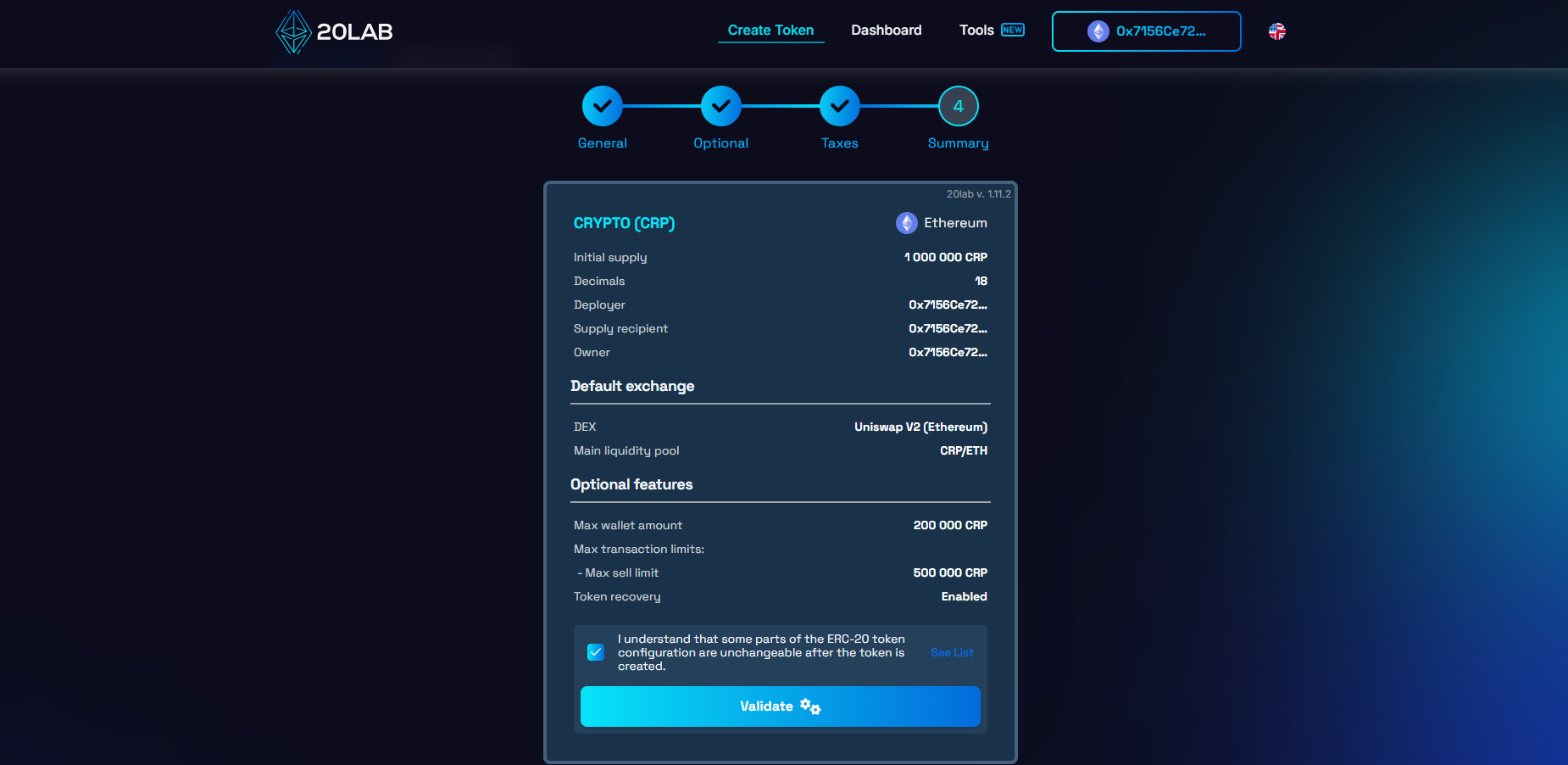 20lab's summary interface presents all your decisions in a comprehensive format. Examine every detail: token name accuracy, supply amounts, feature selections, and recipient addresses for initial distribution.