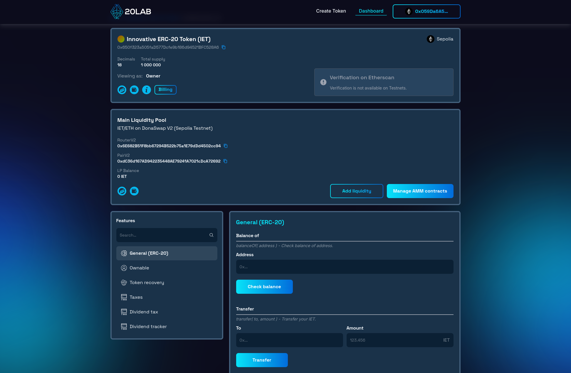 Dashboard panel for created ERC-20 token