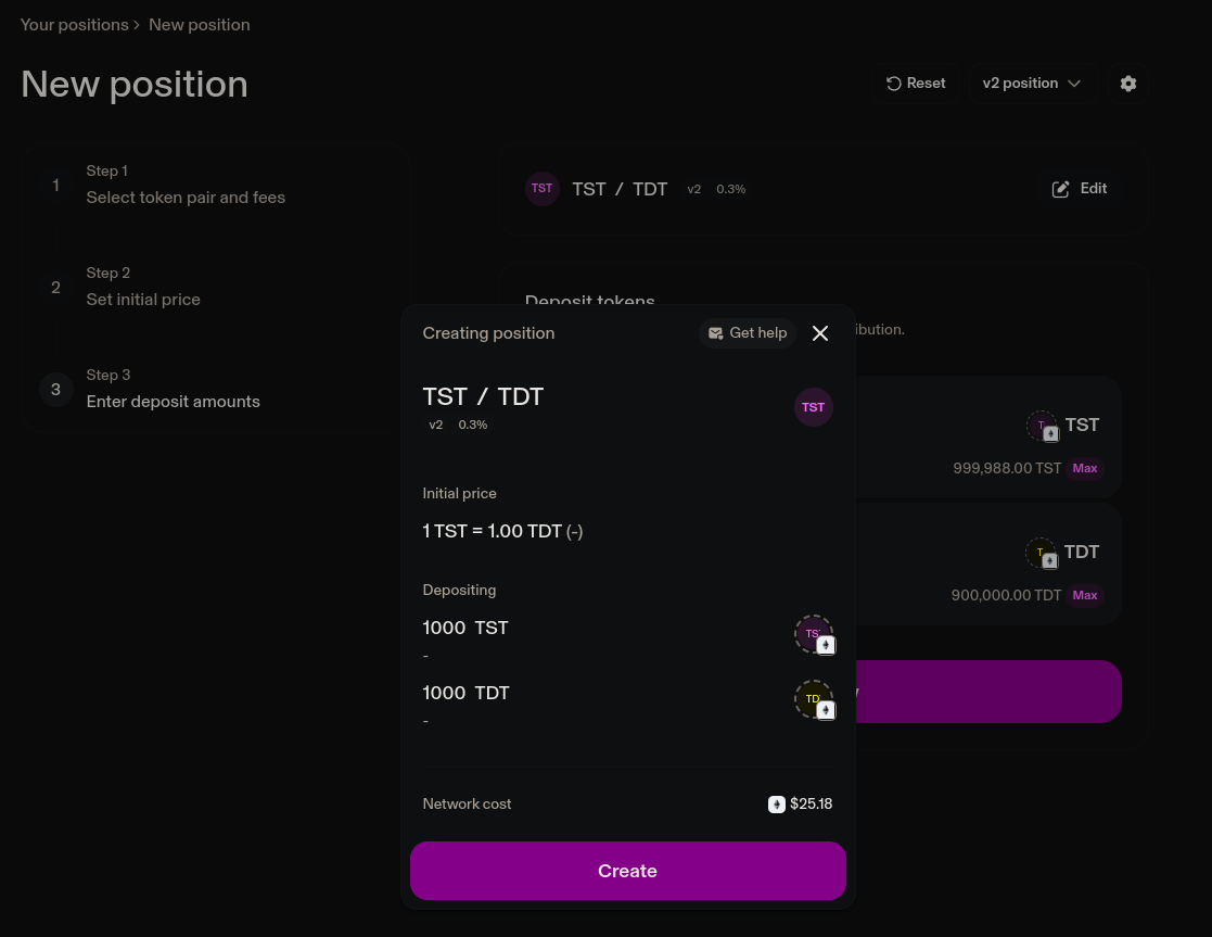 Creating secondary pool on UniswapV2 for TDT/TST