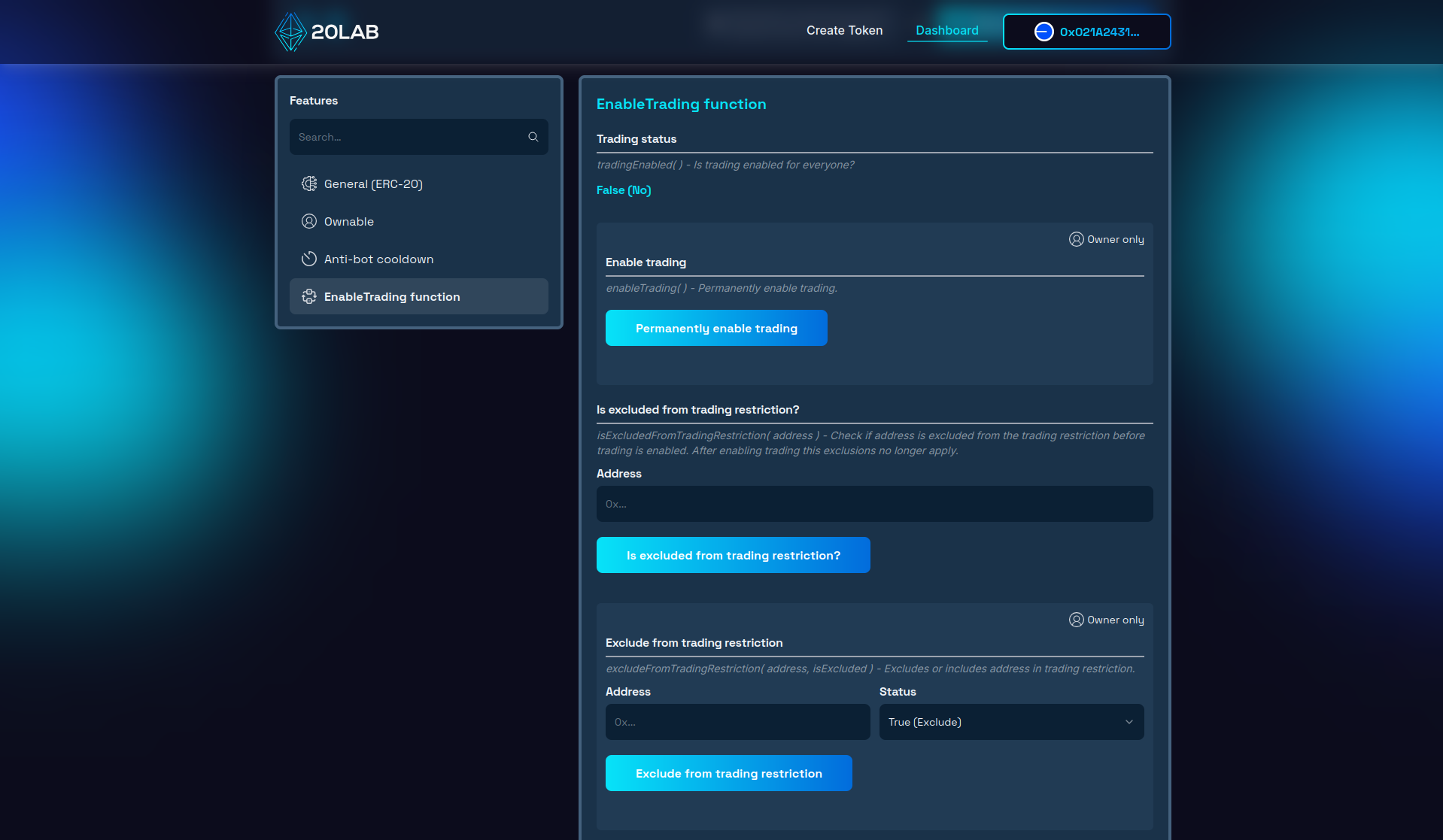EnableTrading feature section in dashboard