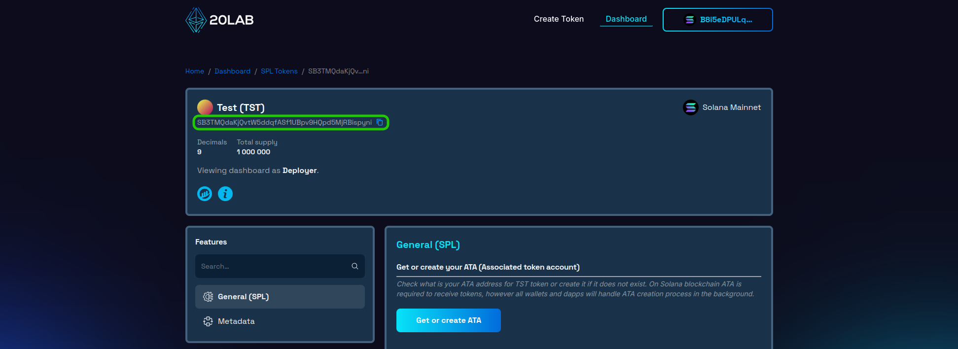 Obtaining token mint address in 20lab dashboard