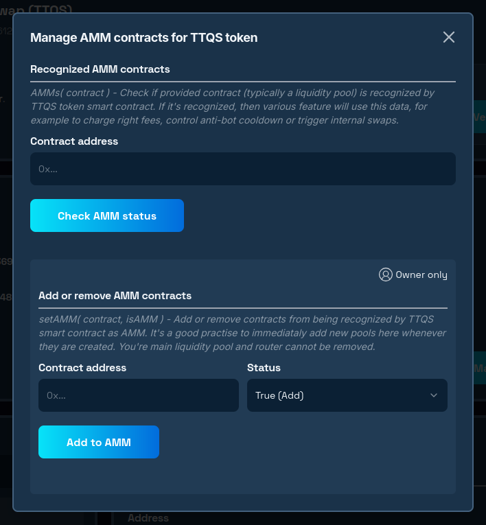 Manage AMM contracts modal in 20lab dashboard