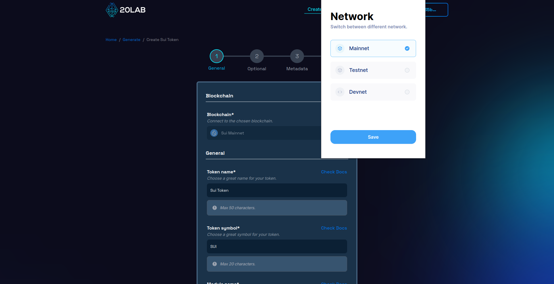 Changing blockchain in generator page to Sui Mainnet