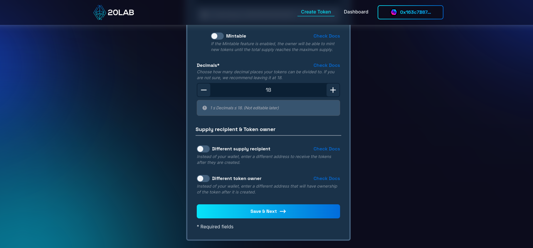 View on different supply recipient and different token owner options