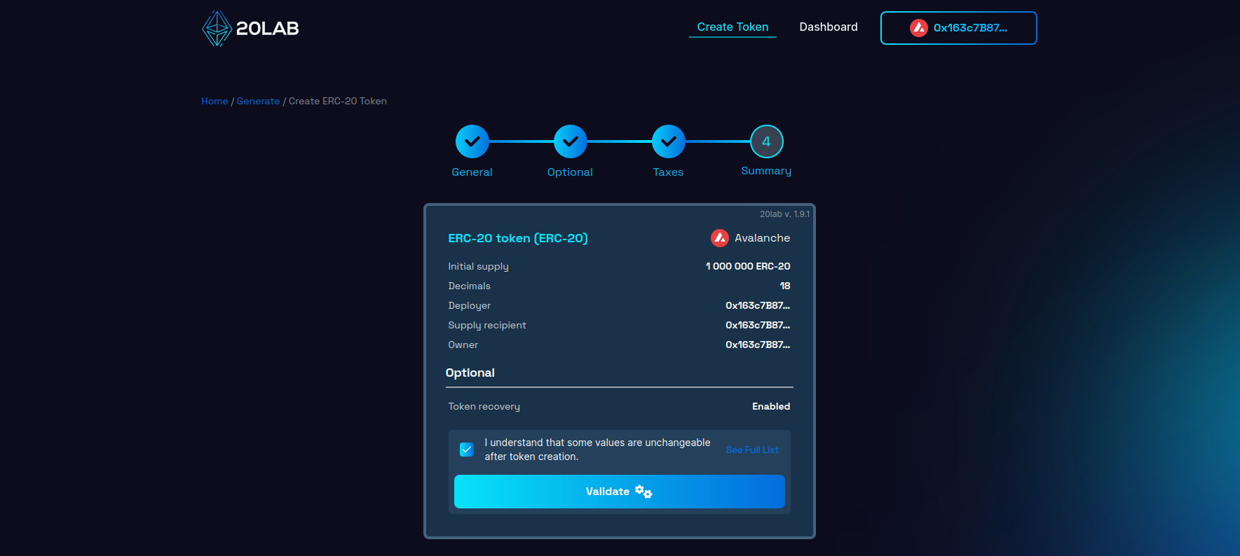 Summary page with all selected features and provided values