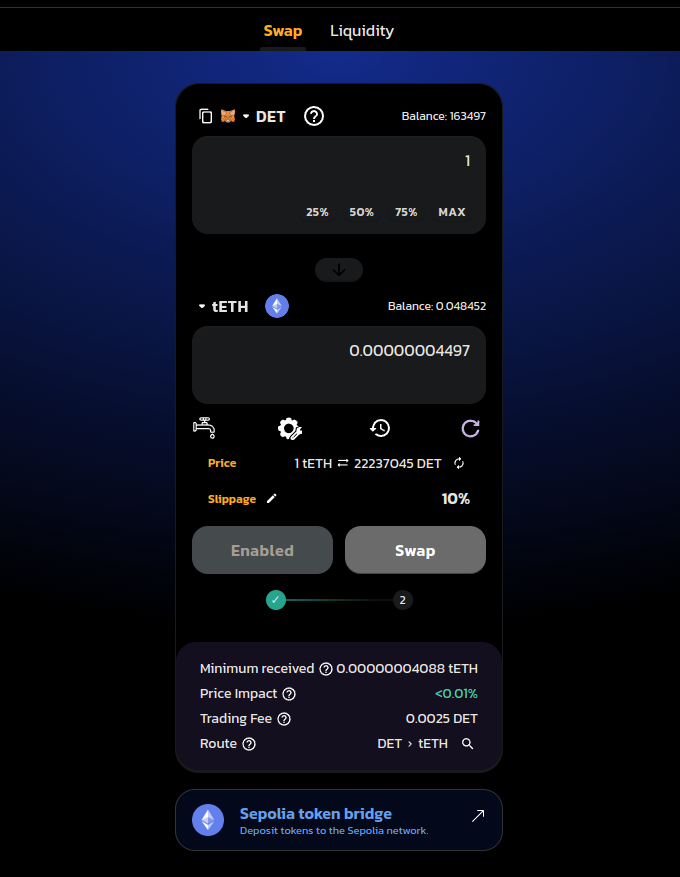 Selling 1 DET for triggering automatic addition of liquidity
