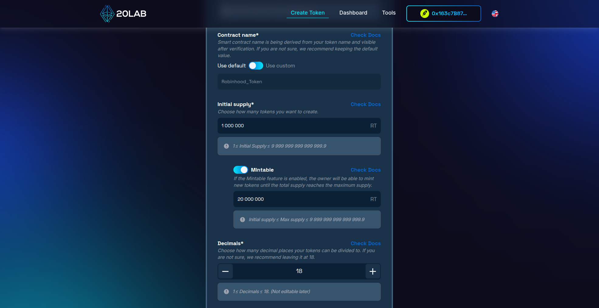 Initial supply, max supply and decimals configured in generator form