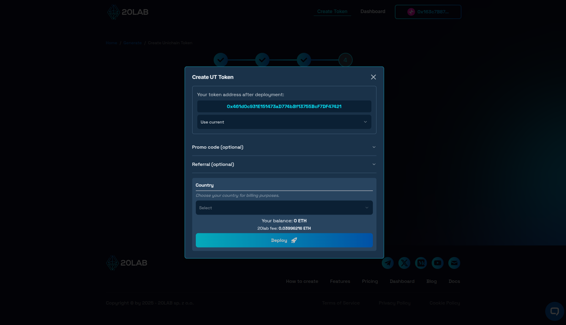 Deployment modal showing final token address