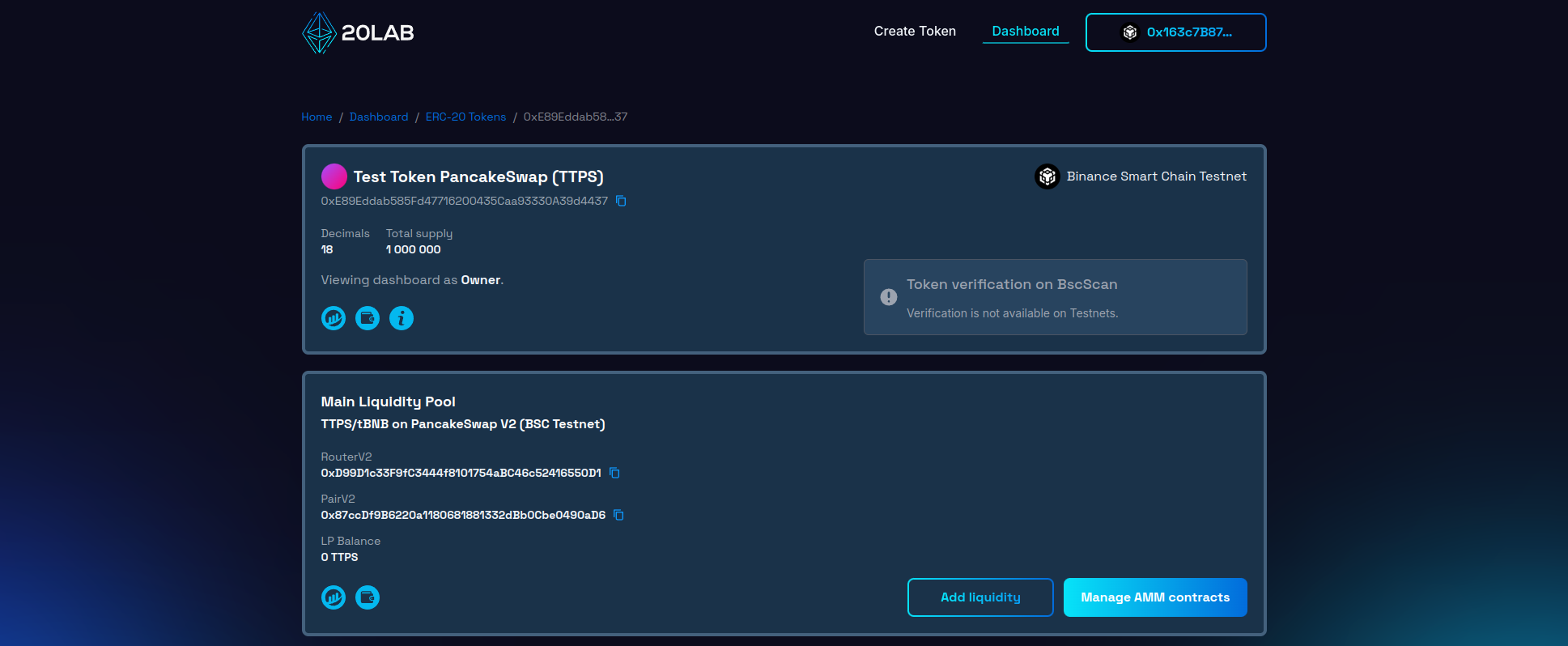 20lab dashboard for token with default exchange enabled