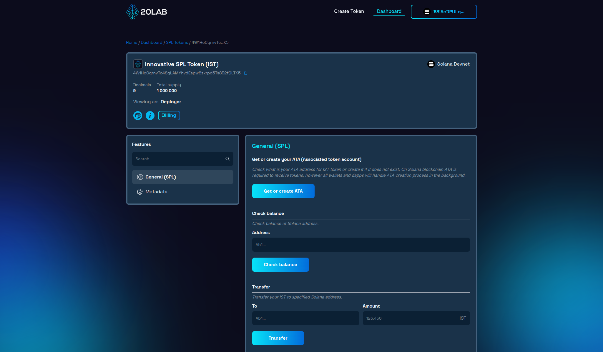 Dashboard panel for newly created SPL token
