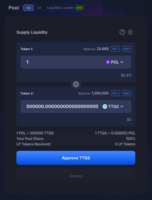 Liquidity amounts provided on QuickSwap