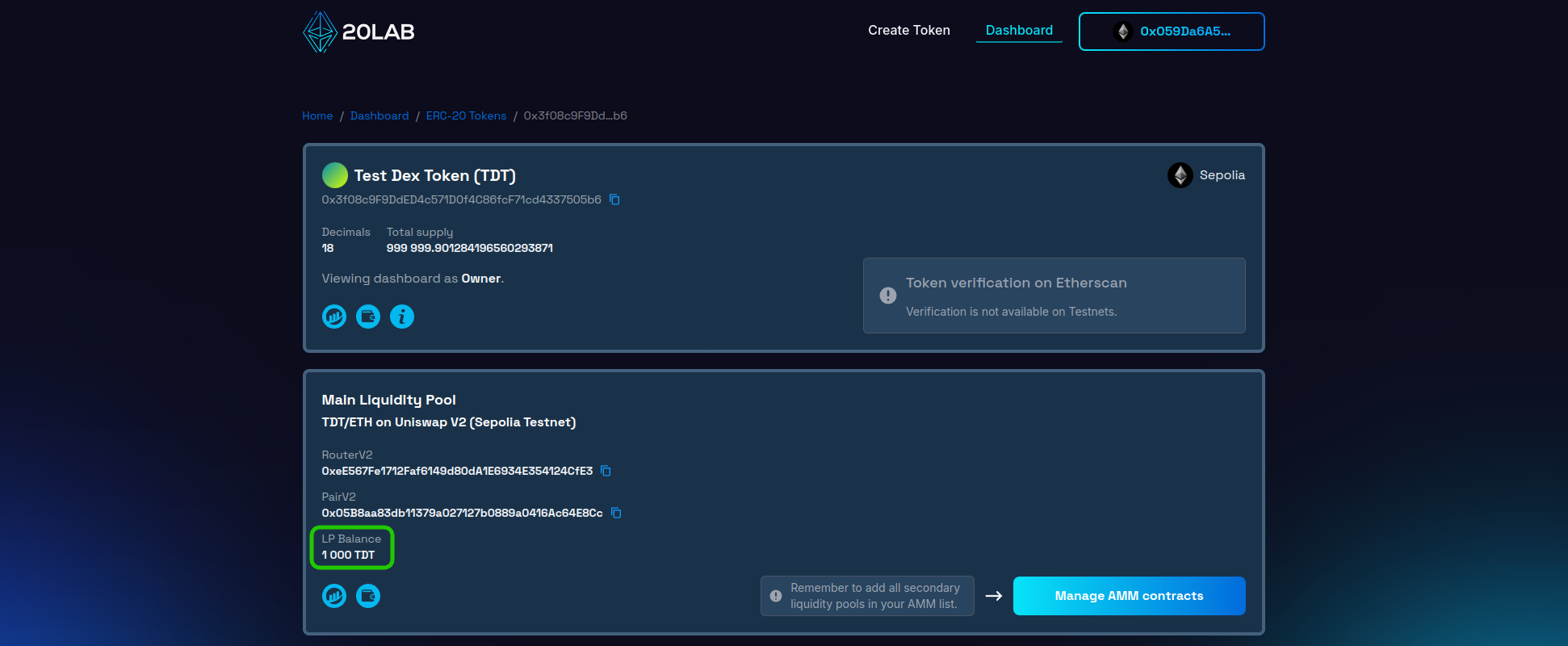 LP Balance updated in dashboard after adding liquidity
