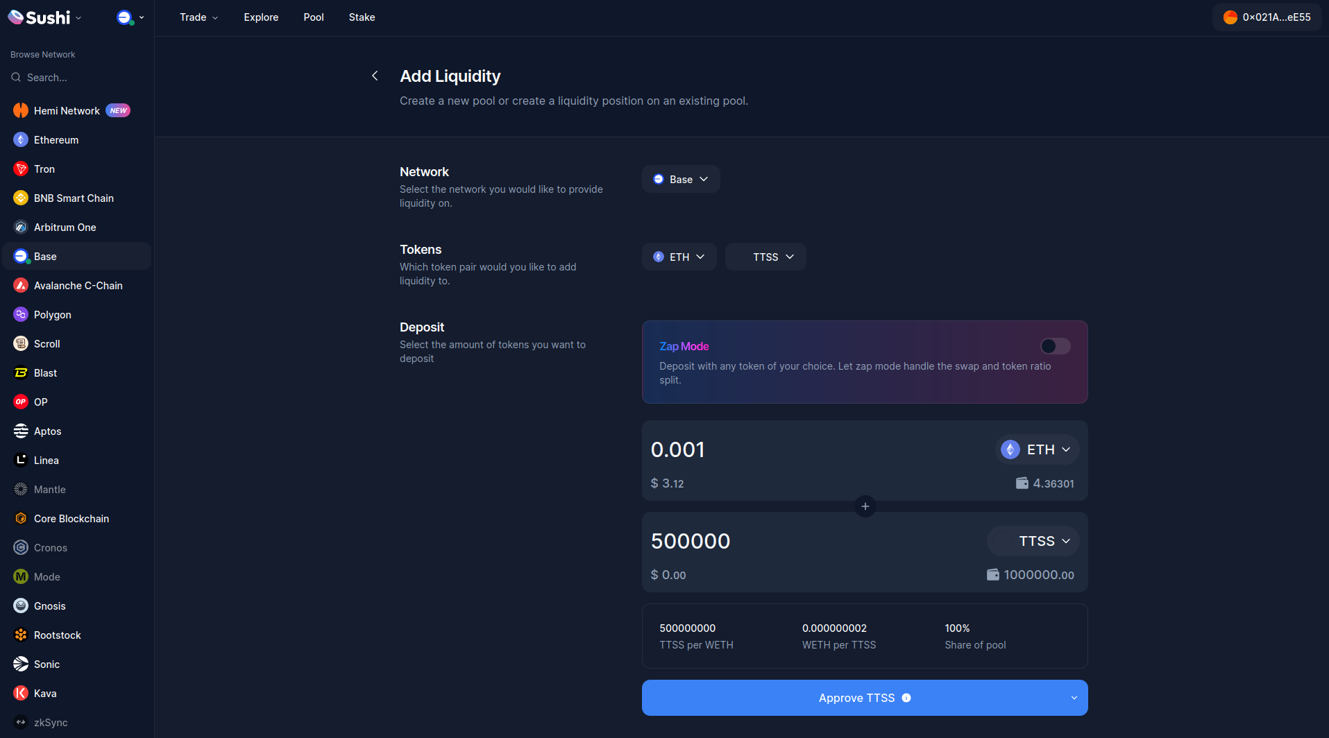 Liquidity interface with provided amounts of token and collateral on SushiSwap