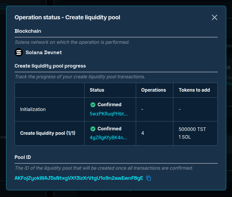 All transactions confirmed, pool created with pool ID shown at the bottom