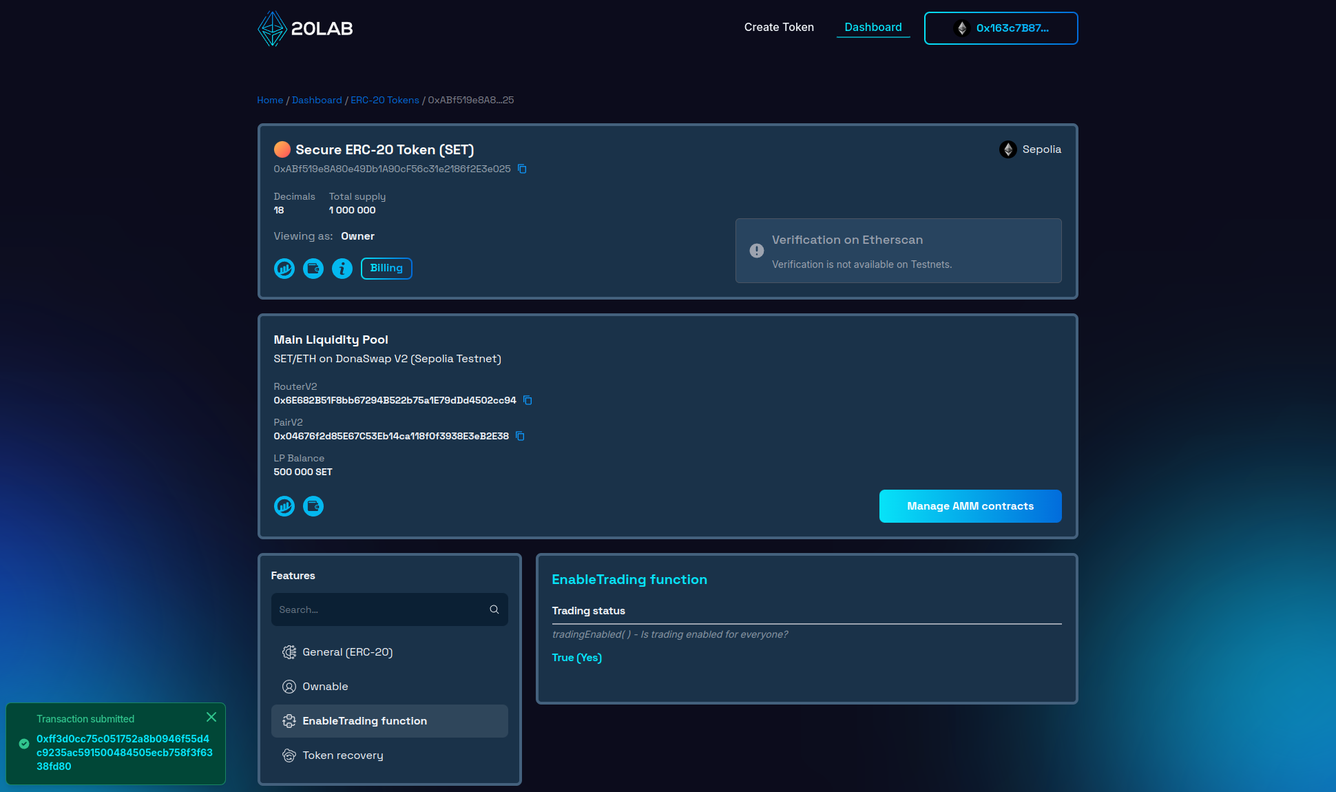 Trading enabled after transaction is confirmed