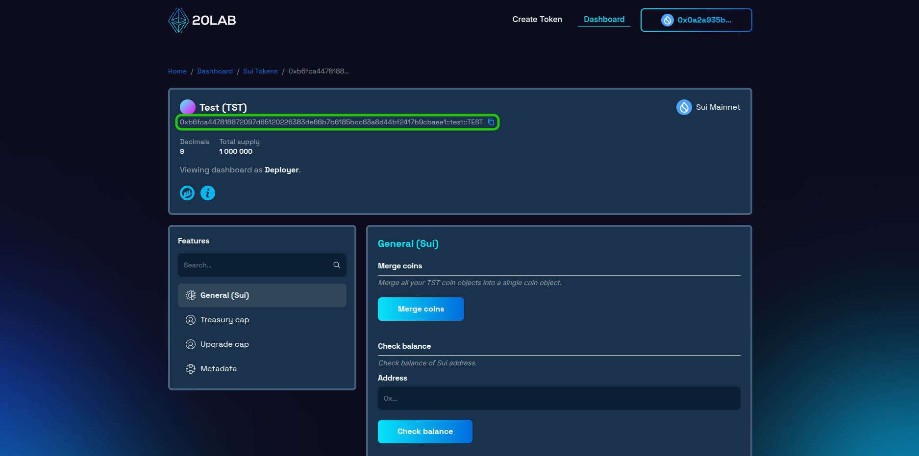 Obtaining token's object ID of Sui token in 20lab dashboard