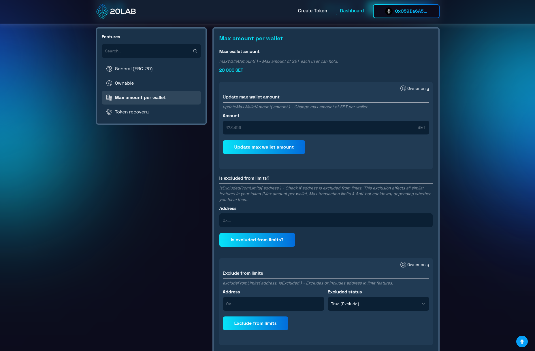 Max amount per wallet section of dashboard