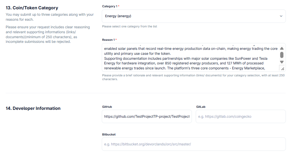 Fragment of CoinGecko application form with sections for token category selection and developer information including GitHub, GitLab, and Bitbucket repository links.