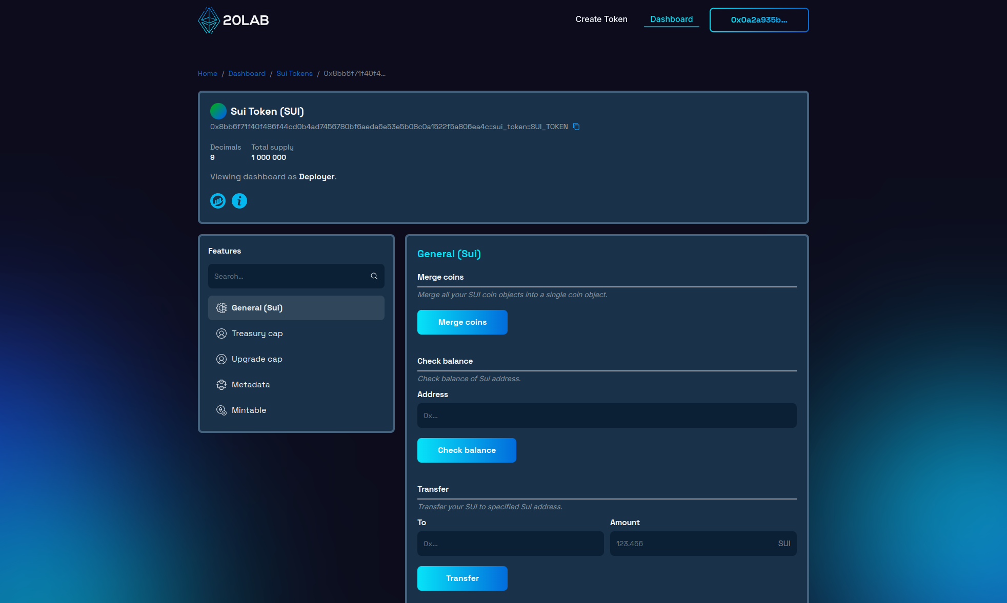 Dashboard view of recently deployed Sui token