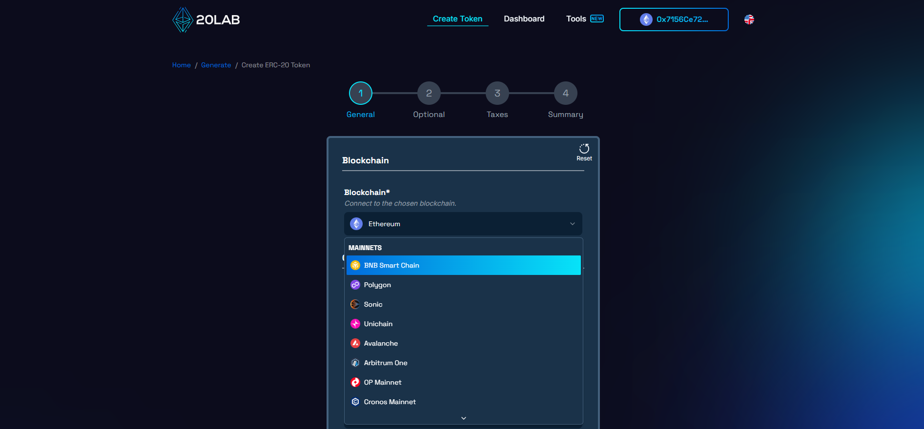 Form for creating tokens with multiple blockchains to choose from.