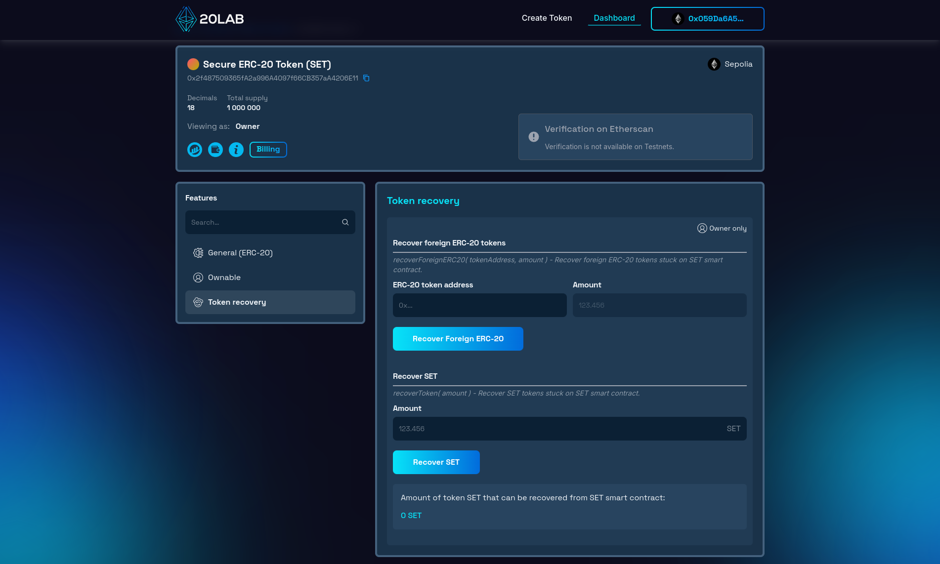 Token recovery section of dashboard
