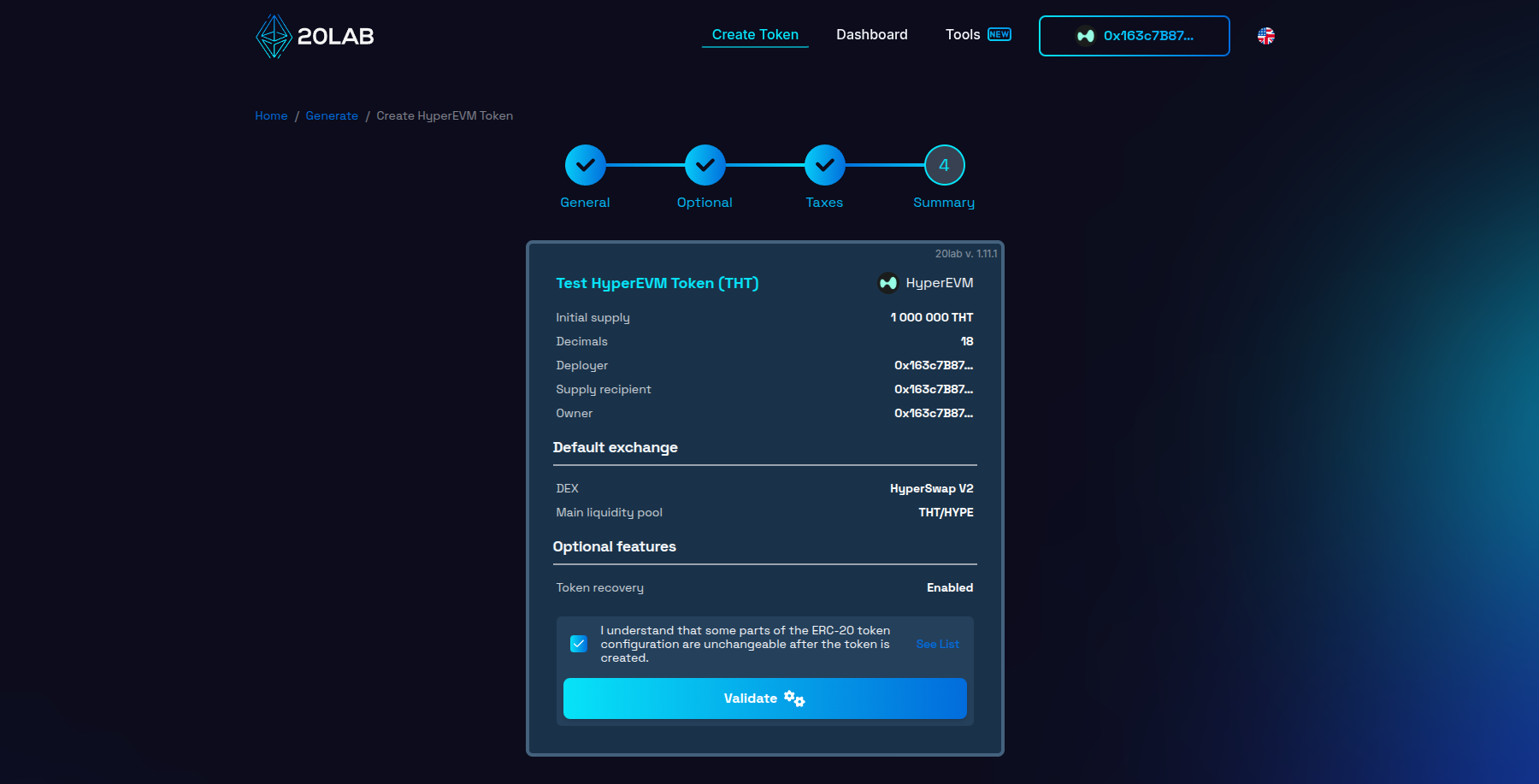 Summary page with all selected features and provided values