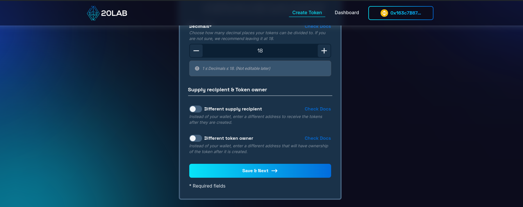 View on different supply recipient and different token owner options