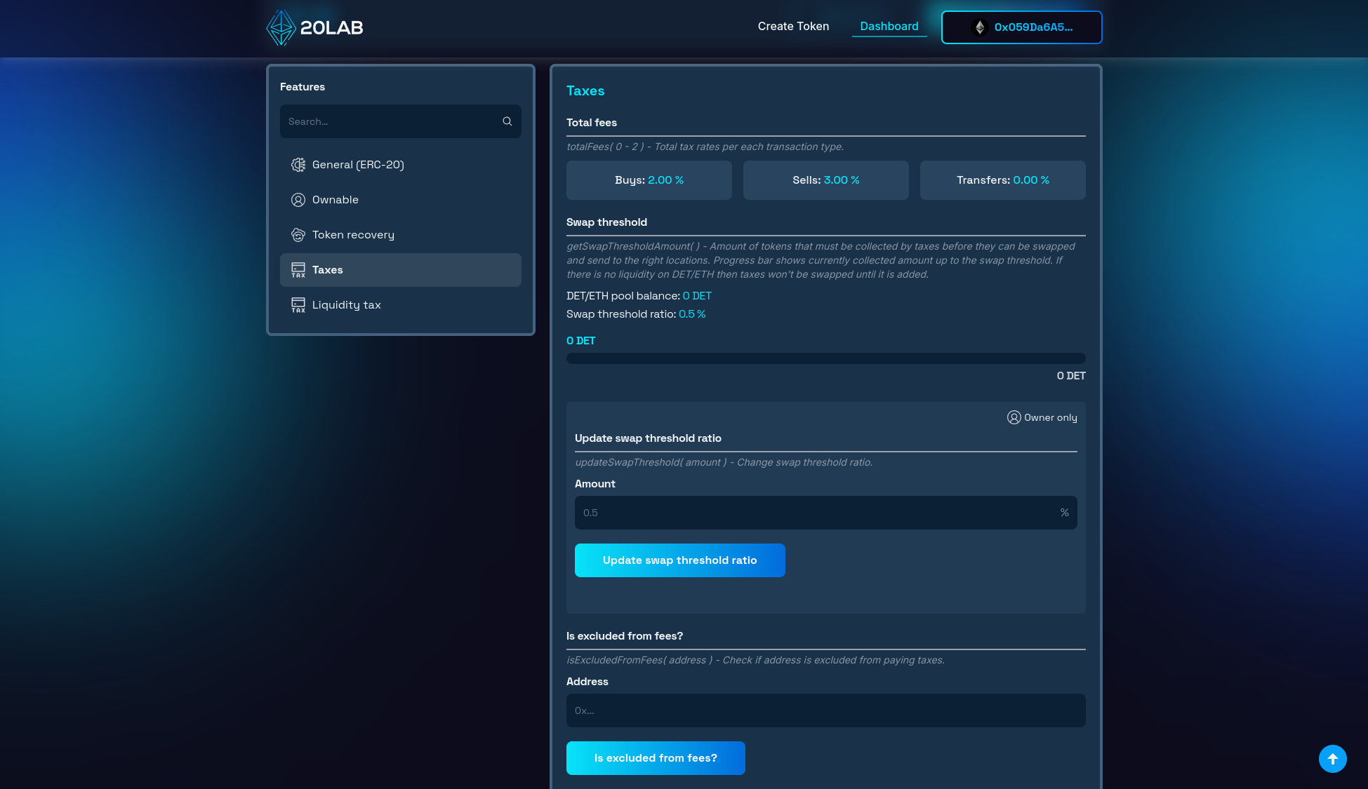 General taxes section of dashboard for common settings